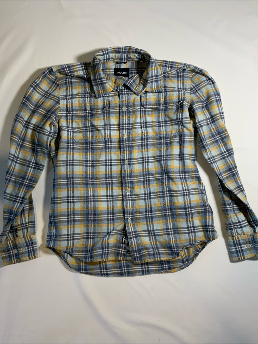 Prana Men's Yellow and Blue Plaid Button-Down Shirt
